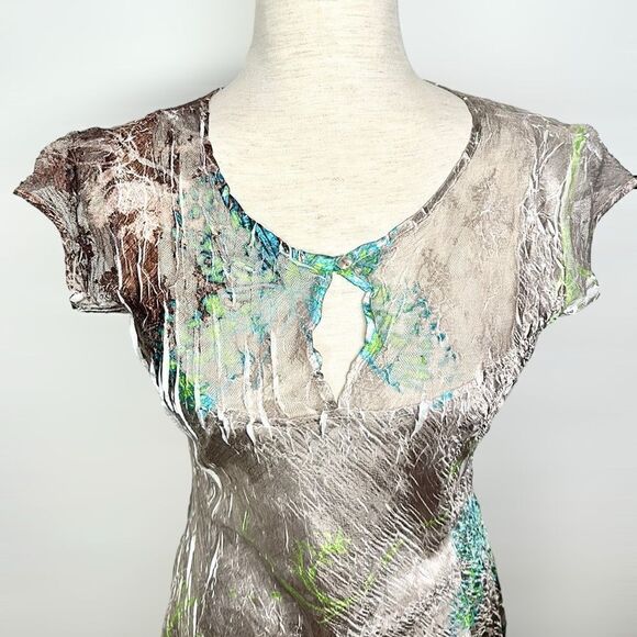 Komarov Signature Crinkle Shiny Dress Butterfly Print Fit & Flare Cap Sleeves L - Picture 4 of 15
